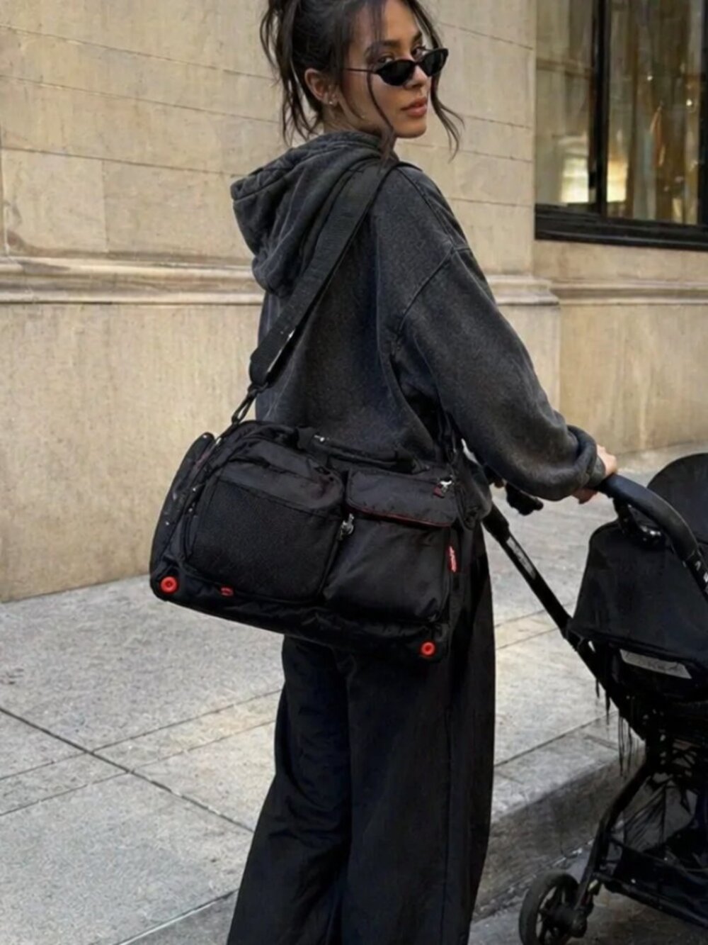 Black Fisher Price Diaper Bag with lots of Pockets and Shoulder Strap